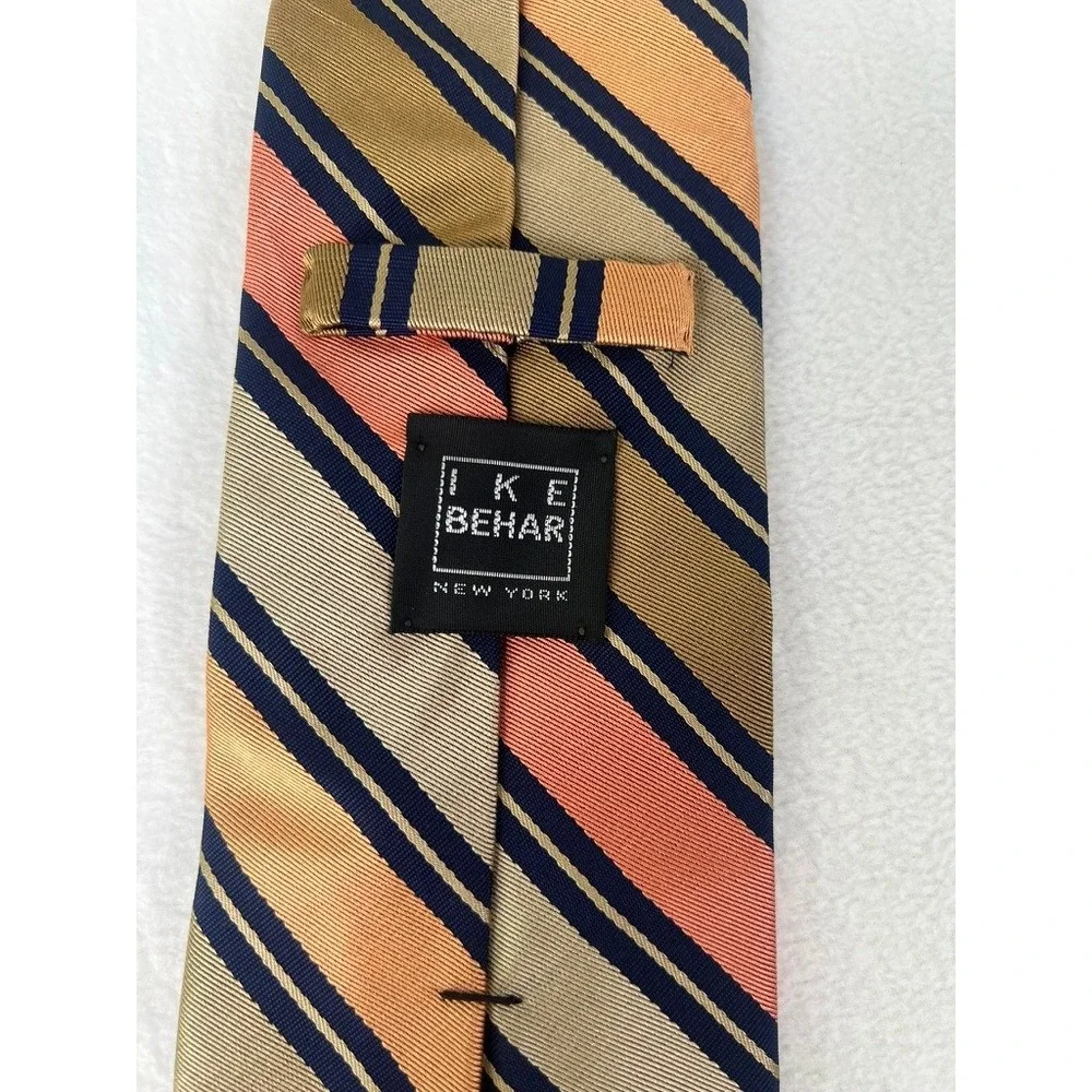 Ike‎ Behar Necktie Mens OS Gold Orange Navy Blue Striped Silk Cotton Blend Tie